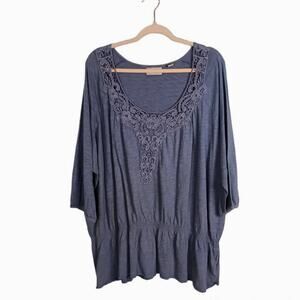 AVENUE Womens Plus 30/32 Blue Top Blouse Elastic Waist 3/4 Sleeve Embroidery‎